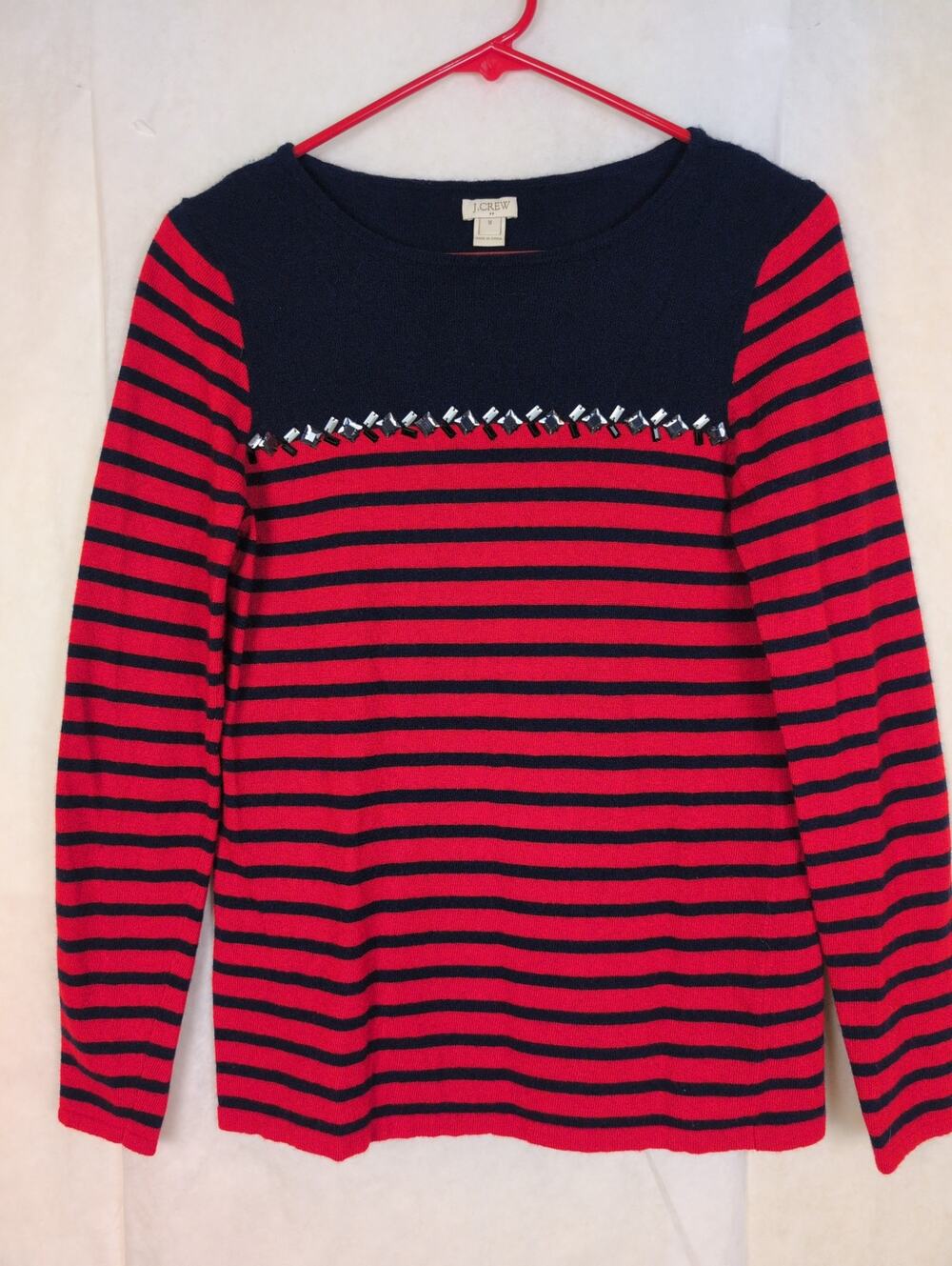 J.Crew Red and navy blue Breton striped beaded wool knit top Med Coastal Preppy